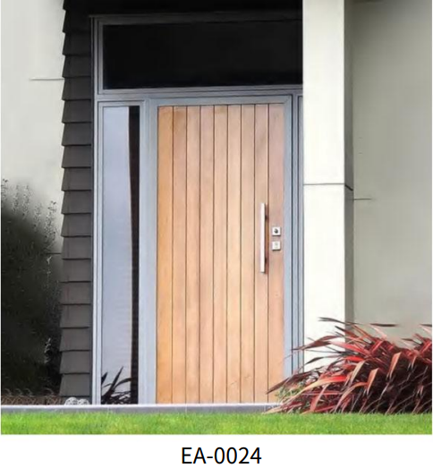 Porte d'entrée moderne en bois avec cadre métallique et imposte vitrée