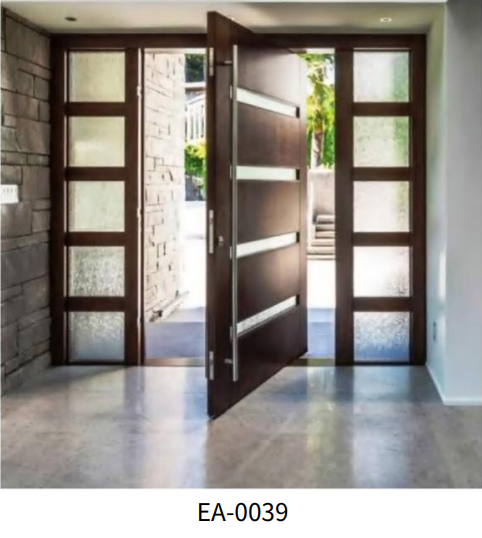 Porte d'entrée pivotante en bois avec inserts vitrés et impostes latérales