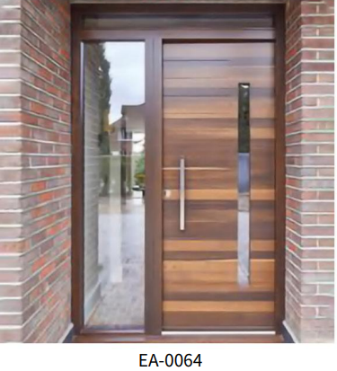 Porte d'entrée moderne en bois avec insert vitré et poignée barre