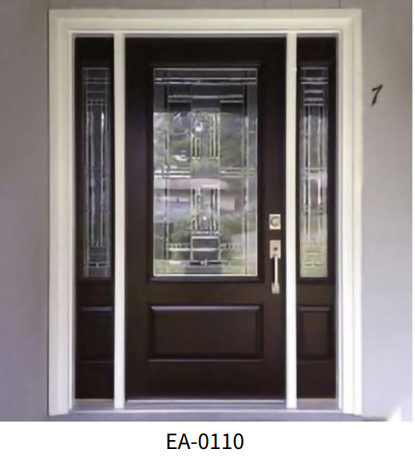 Porte d'entrée en bois massif avec vitrage décoratif et impostes latérales