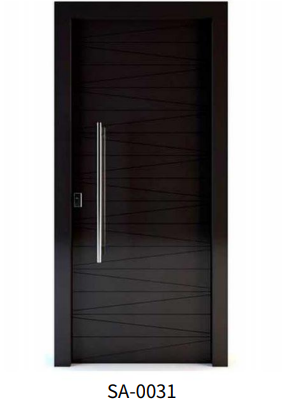 Porte d'entrée moderne en bois foncé avec motif géométrique et poignée barre SA-0031