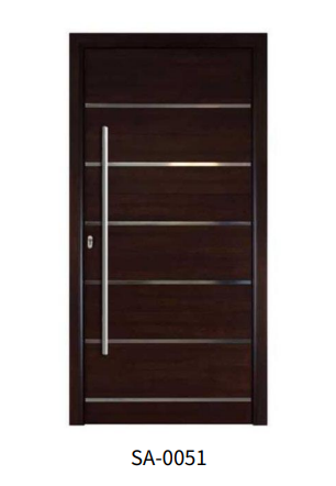 Porte d'entrée moderne en bois foncé avec inserts métalliques SA-0051