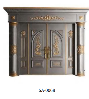 Porte d'entrée blindée double battant en aluminium moulé avec ornements dorés