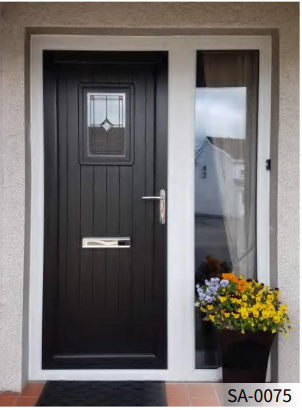 Porte d'entrée composite noire avec vitrage décoratif et imposte latérale