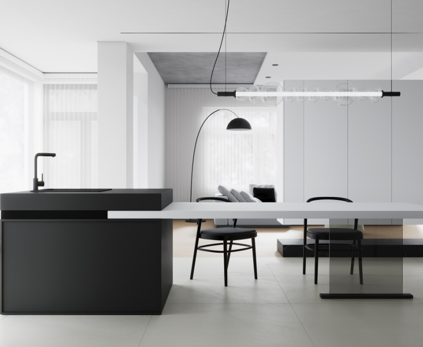 Cuisine moderne avec îlot central et table intégrée