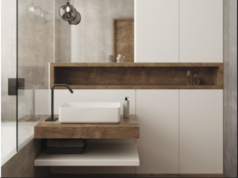 Meuble-lavabo de salle de bain avec vasque et robinetterie noire
