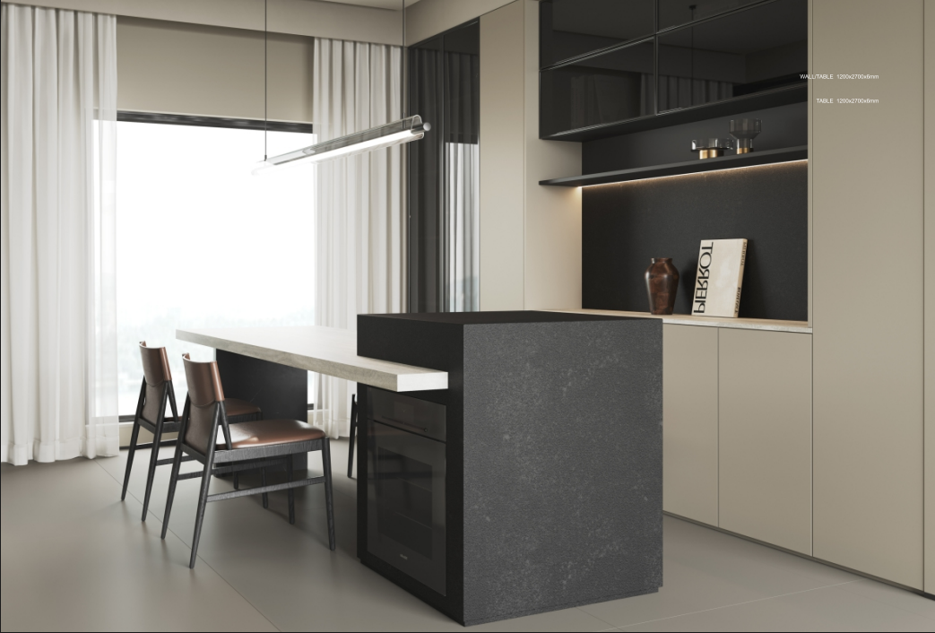 Comptoir de cuisine en quartz ou granit foncé avec extension en stratifié clair