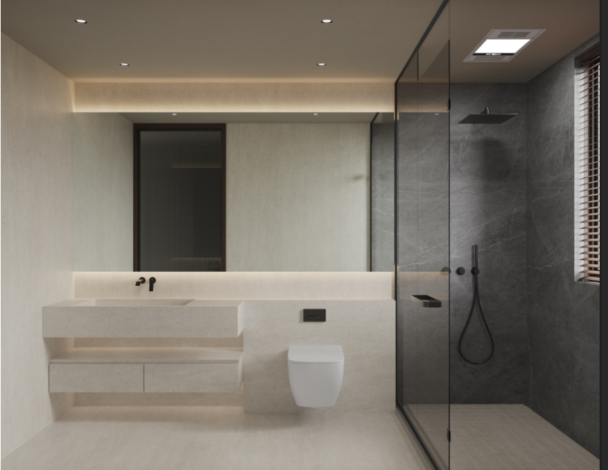 Ensemble de salle de bain moderne avec douche à l'italienne et meuble-lavabo suspendu