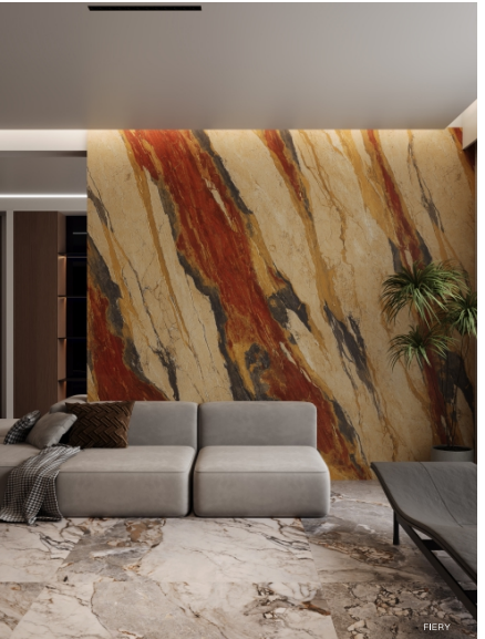 Dalle de sol et revêtement mural en grès cérame effet marbre 'Fiery'