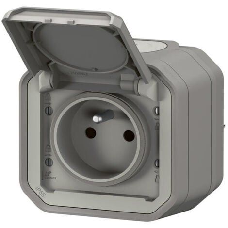 Prise 2P+T 16A saillie étanche grise complète avec éclipses de protection IP55 PLEXO LEGRAND 069731L